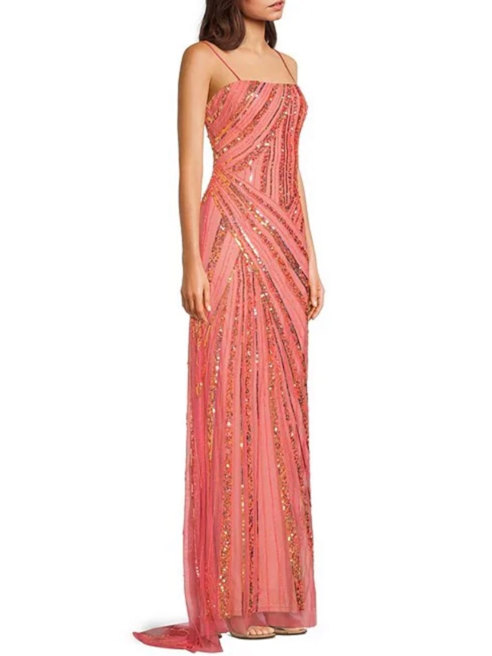 Beaded Strapless Train Gown Coral/Pink Prom Sequin - Picture 3 of 9